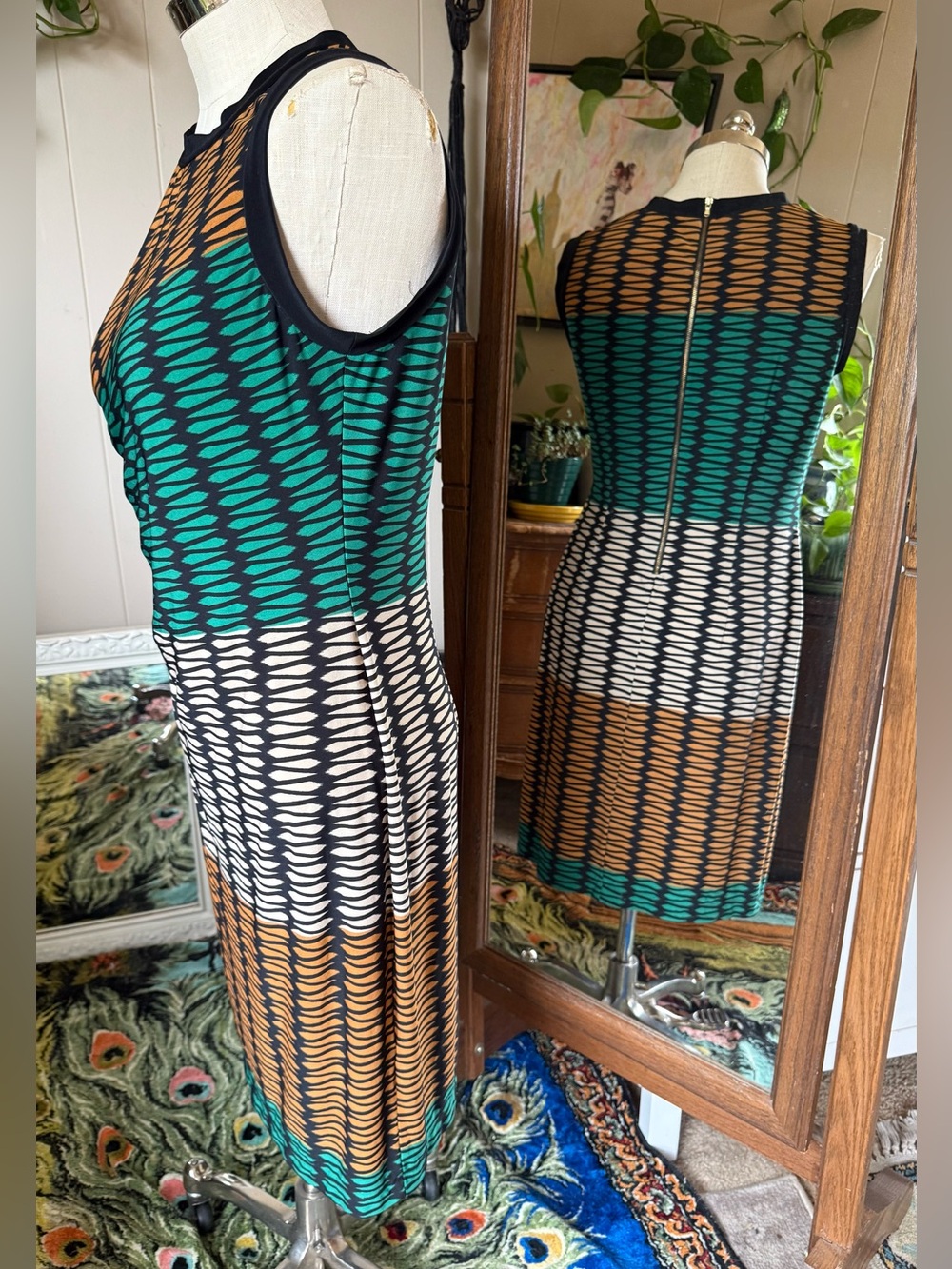 Julian Taylor Fit & Flare Dress Black Geometric Teal, Rust Cream, Size 14 - Picture 5 of 11
